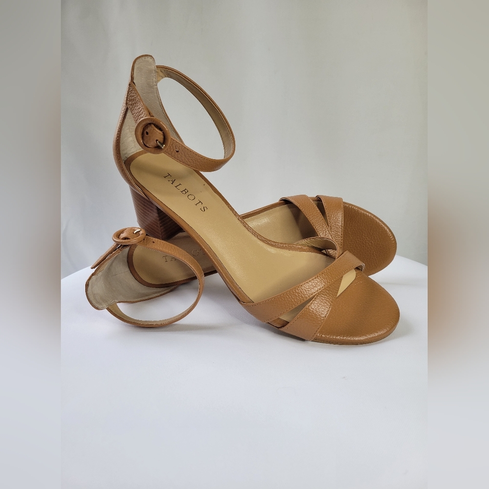Talbots Mimi Leather Ankle Strap Tan Crisscross Strap Block Heel Sandals SZ 9